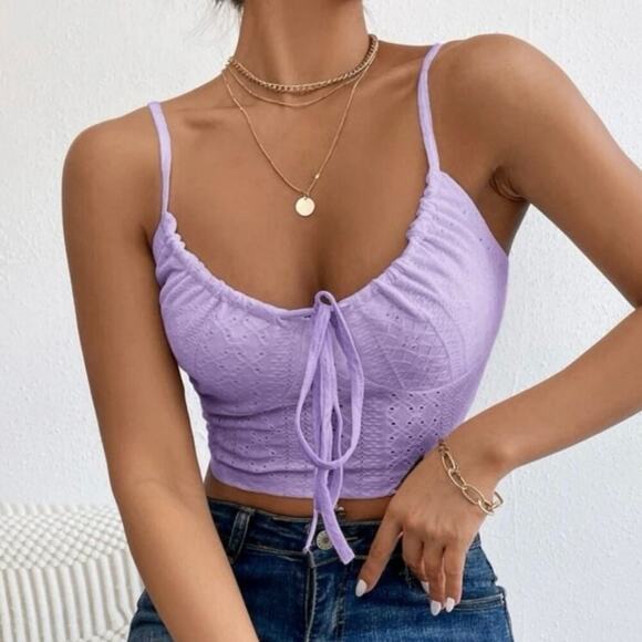 NWOT Shein Lavender Purple Eyelet Lace Tie Front Cami Crop Top Size Small - Picture 1 of 9